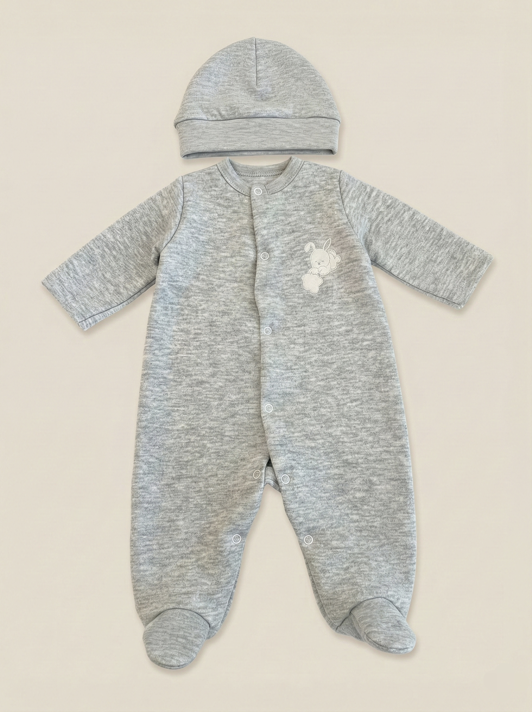 Conjunto de mono y gorro para bebé recién nacido - Algodón Jacquard - Color Gris - BenO BEBE Venezuela