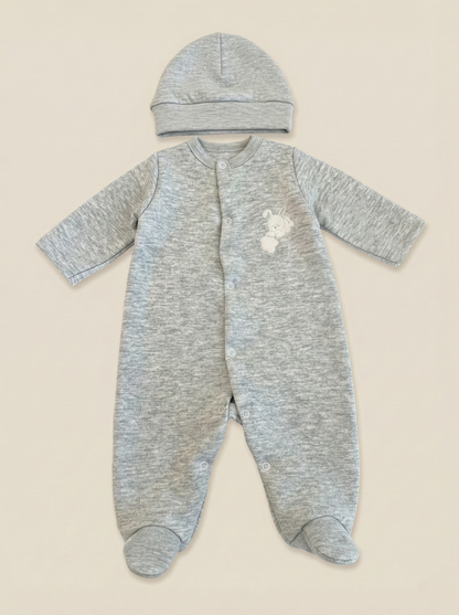 Conjunto de mono y gorro para bebé recién nacido - Algodón Jacquard - Color Gris - BenO BEBE Venezuela