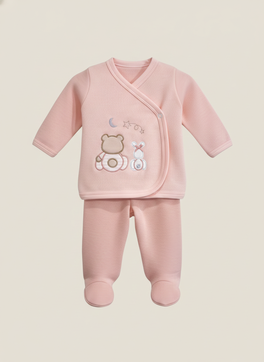 Conjunto de primera puesta para bebé en punto inglés color rosa con bordado de osito y conejo, ideal para recién nacido en Venezuela.