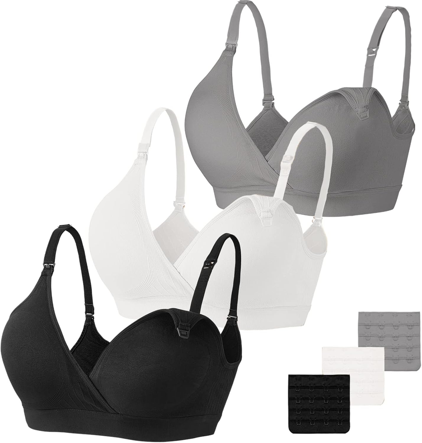 Set de sostenes brasier de lactancia materna sin costuras en colores básicos negro, blanco y gris, con extensores.