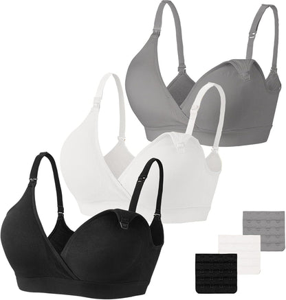 Set de sostenes brasier de lactancia materna sin costuras en colores básicos negro, blanco y gris, con extensores.